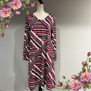 LuLaRoe Emily Long Sleeve‎ V-Neck Striped Print A-line Swing Midi Dress